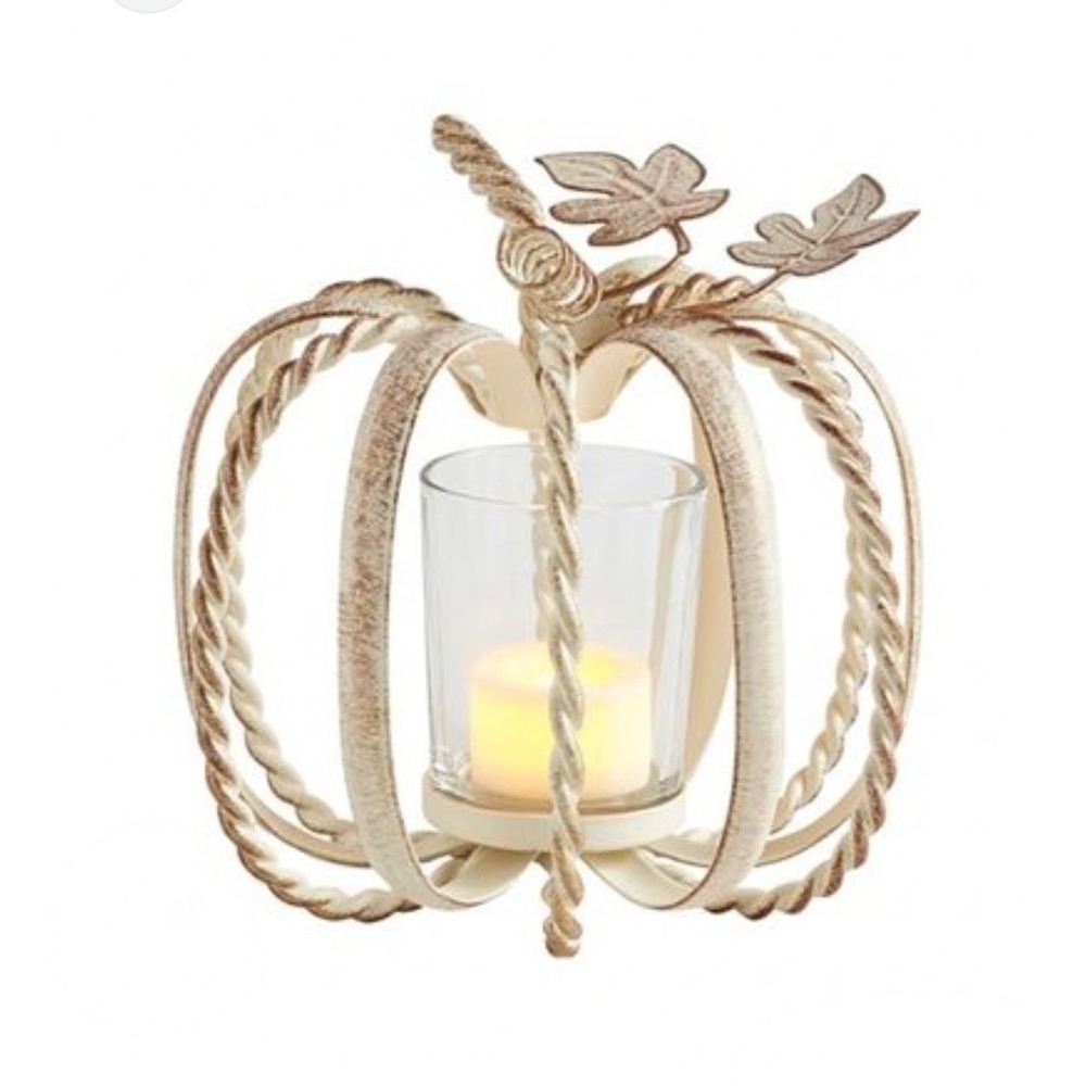 Rustic Metal Pumpkin Tea Light Candle Holder Distressed Cream Fall Decor